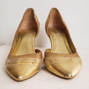 New CHOCOLAT BLU Gold Leather Low Heel Shoes Pointy Pumps Snakeskin